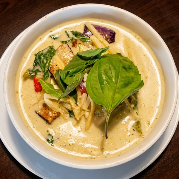 A bowl of green curry with eggplant, bamboo shoots, and basil on a dark wooden table.