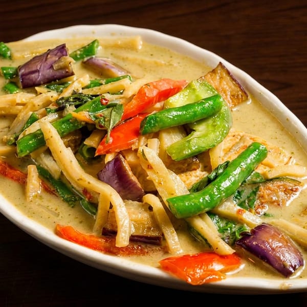 Green curry with eggplant, bamboo shoots, and colorful vegetables in a white dish.