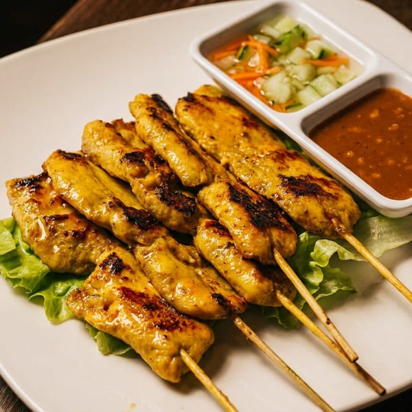 Grilled chicken satay skewers with peanut sauce and cucumber relish on a white plate.