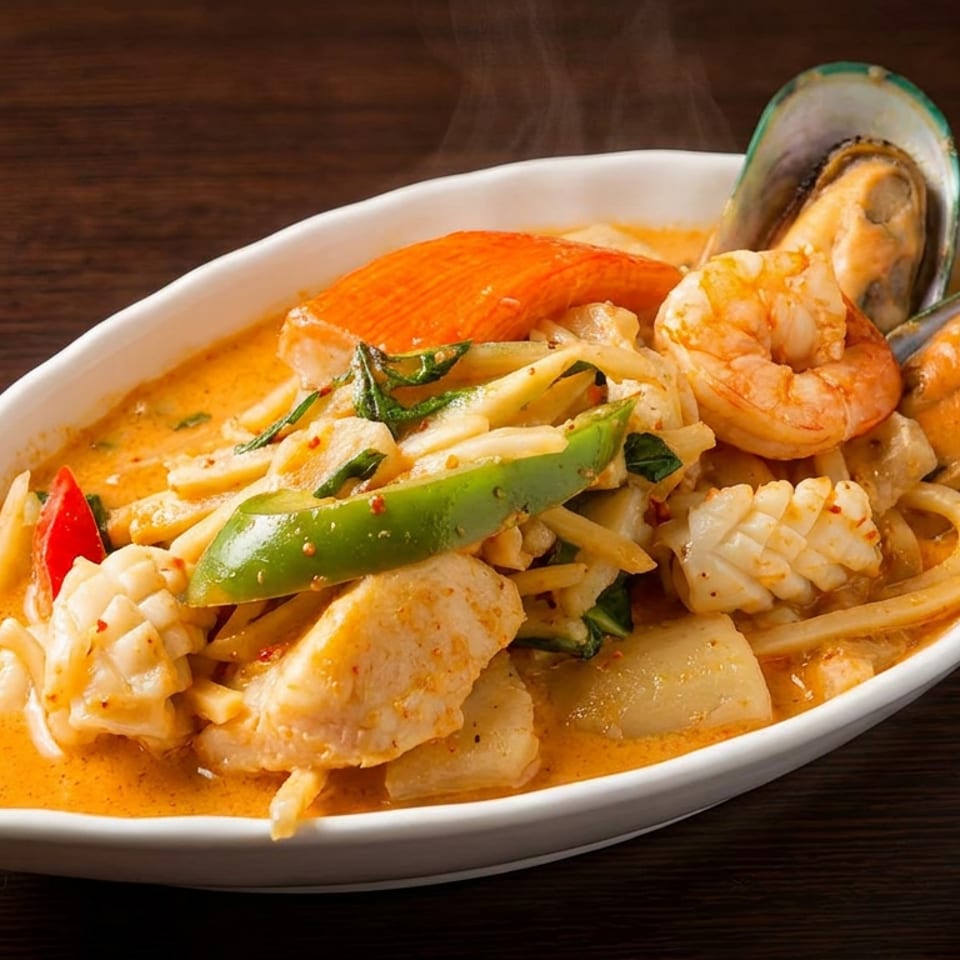 Steaming seafood and chicken curry with mussels, shrimp, squid, and vegetables in a white boat-shaped dish.